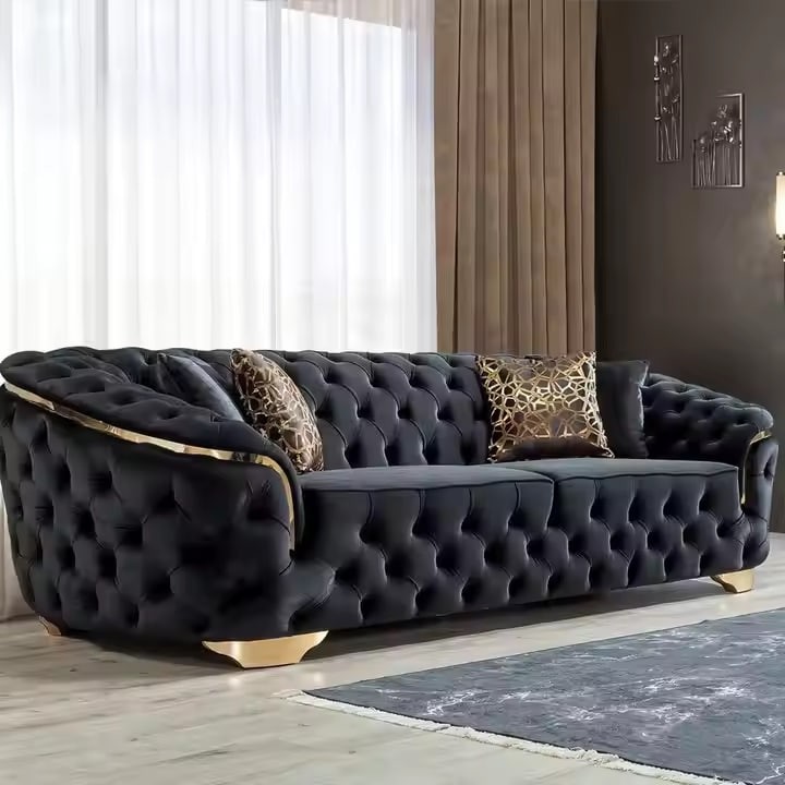 NOVA Light Luxury Living Room Black Velvet 2 Seater Sofa With Gold Leg Upholstered Tufting Loveseat Lounge Sofas Couch Sets