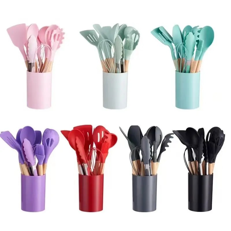 Private Label Chinese Suppliers Household Small Cute Non Stick 12 Pcs Cooking Set Silicone Cookware Kitchen Utensils Kit