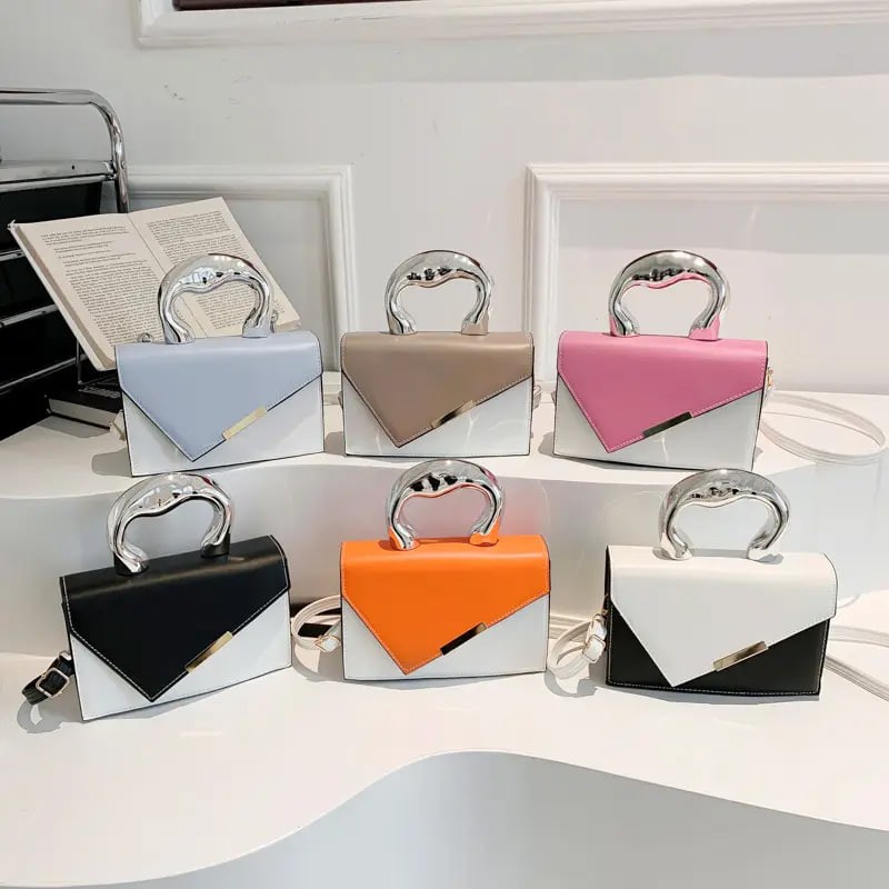 Fashionable Texture Color Blocked New 2025 Contrasting Spring Casual Simple Crossbody Metal Hand-held Small square Bag for Women
