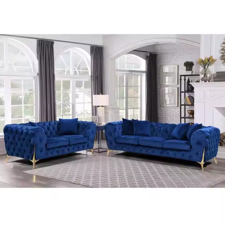 NOVA Luxury Tufted Velvet Chesterfield Couch Set Furniture Living Room Lounge Sofa Upholstered 2 Seater Sofas With Gold Legs
