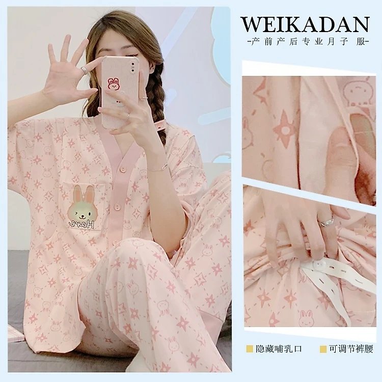 Short-sleeved maternity and postpartum suits for summer wear made of stretch cotton (set includes 3 details: top, trousers, shorts)
