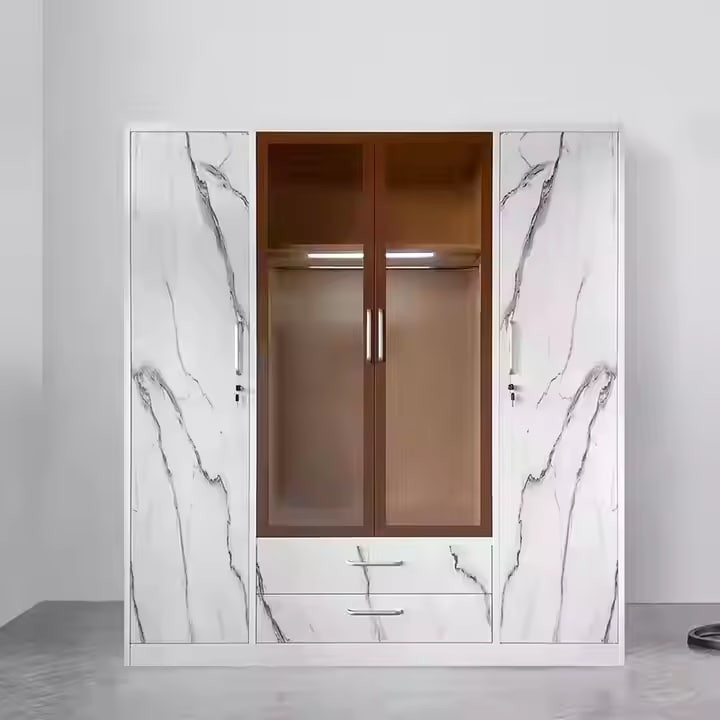 Modern Double Sliding Door Iron Metal Almirah Wardrobe Knock's Wholesale Custom Steel Cupboard Patterned Mirror Cloth Bedroom