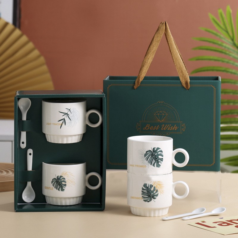Duo of Tropical Leaf Porcelain Cups with Gift Box