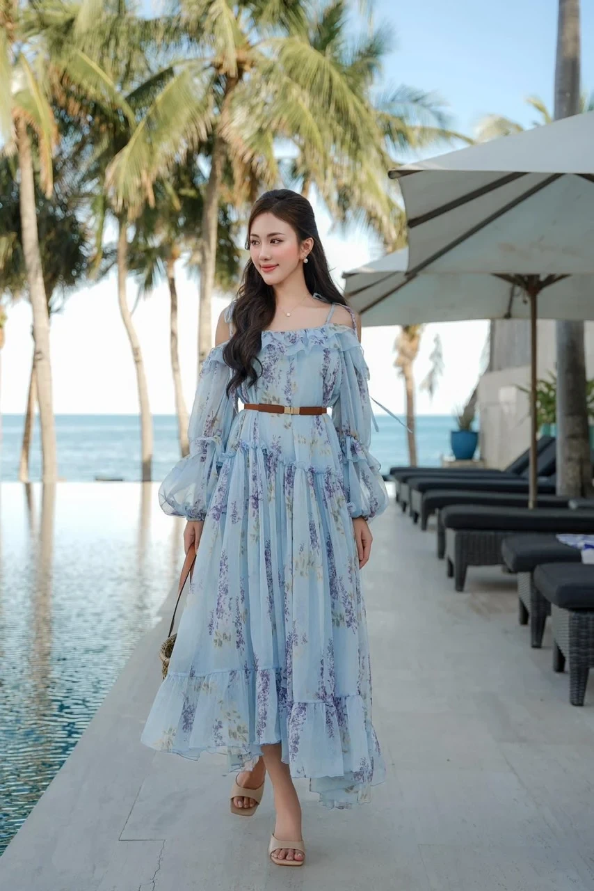 Hoi Vu - Sofia Blue Flower Slanted Silk Maxi Dress