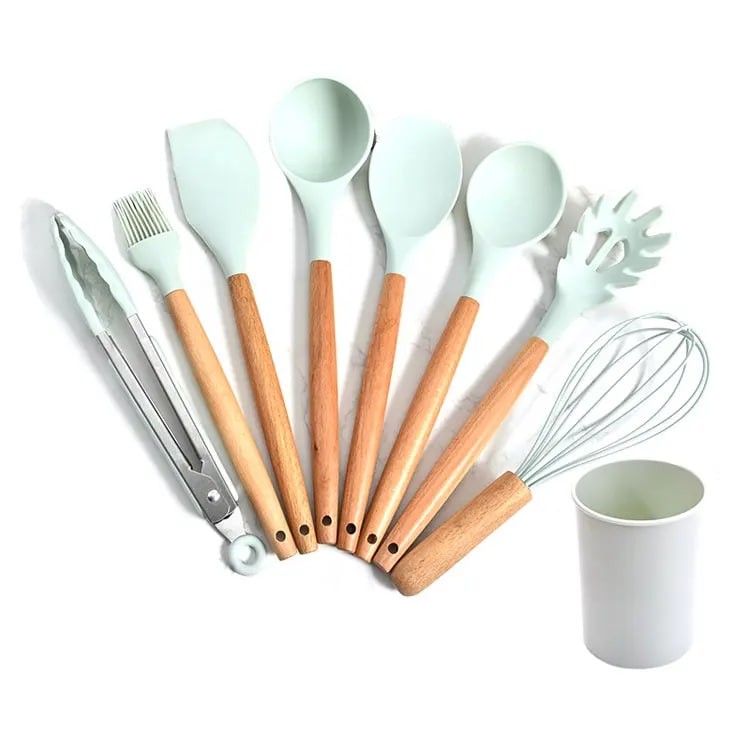 Wooden Handles Cooking Tool Rubber Utensil Set Eco Friendly Household Silicone Cooking Kitchen Utensils
