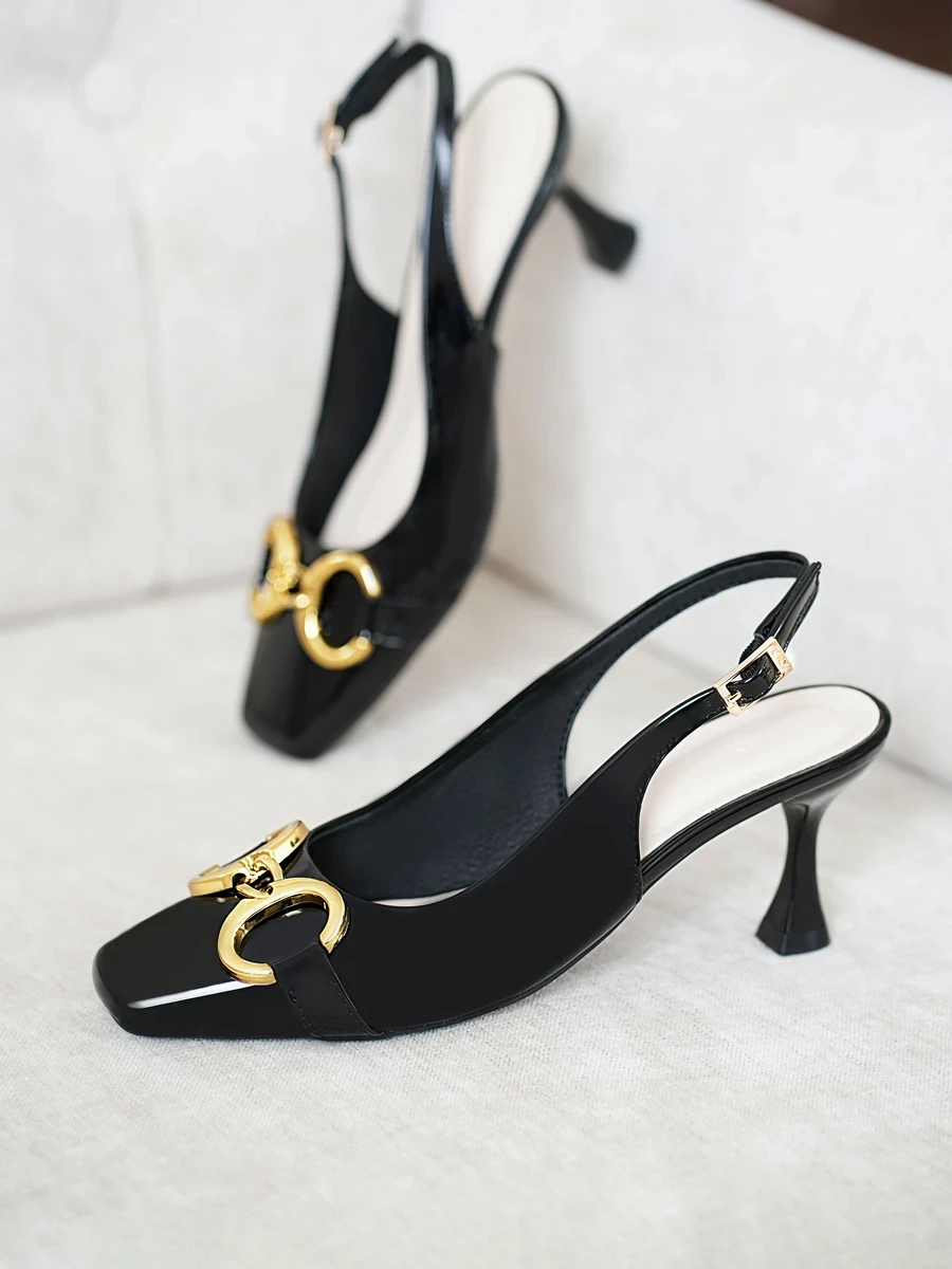 6.5cm High Luxury Metal Buckle Square Toe DILY Slingback Shoes DL0561