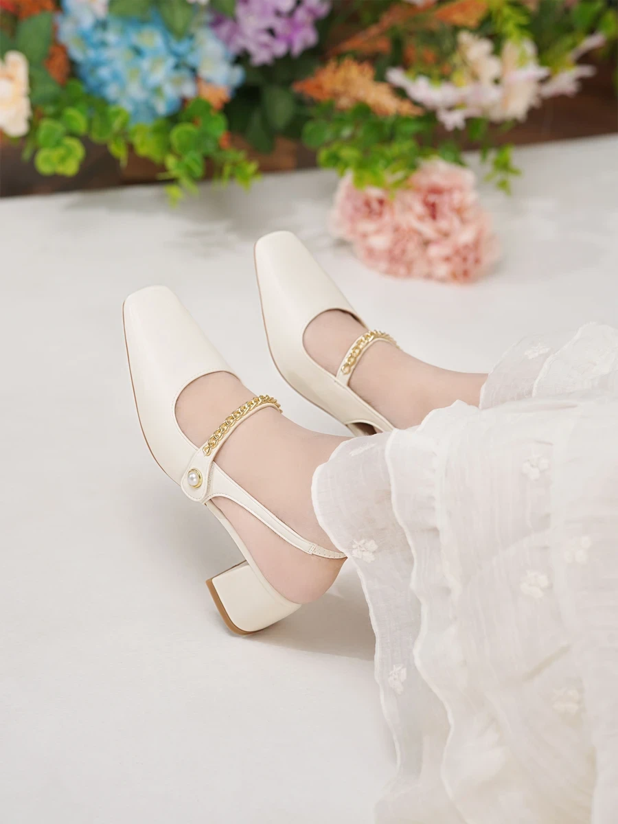 DILY Slingback Shoes with Luxury Chain Straps, 5cm High Square Heel DL0554