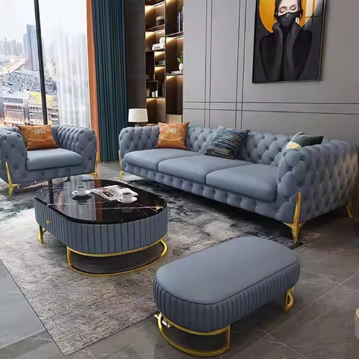 Home Furniture Chesterfield Design Royal Luxury Gold Foot Living Room Genuine Leather Velvet Sofa Set