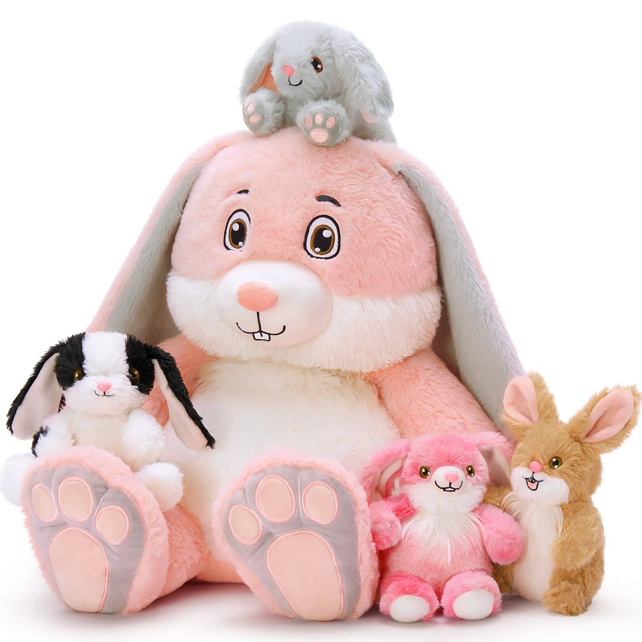 5pcs 18 Inches Mother Rabbit 4 Baby Bunny Plush Stuffed Animals Zippered Back Easter Baby Shower Birthday Gift Party Decor Kids