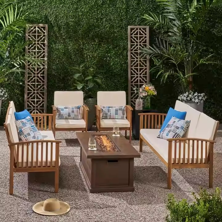 Outdoor Wooden Patio Furniture Set, Solid Acacia Wood Frame, Conversation Set with Cushions