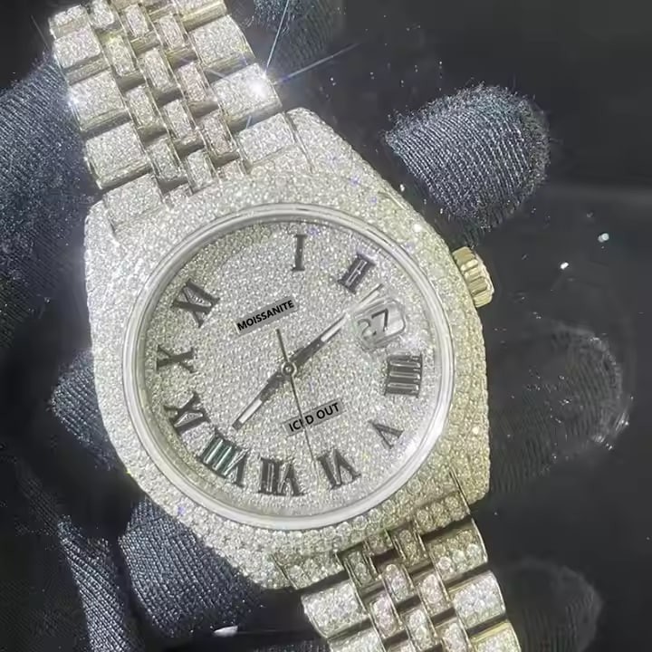 Hip Hop Bling Iced Out 904l Stainless Steel Automatic Mechanical Wrist Watch Luxury Moissanite Diamond Watch for Men
