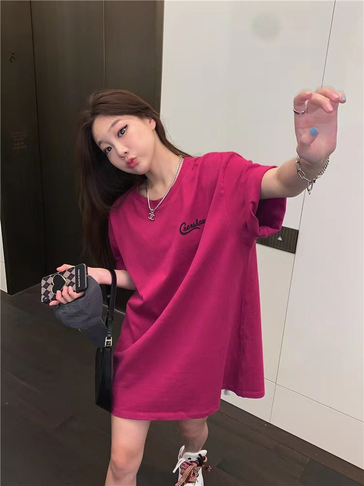 Pure Cotton Korean Style Loose Women's Clothing Fashion Wear Short Sleeve Top Mid-length Chic Design Sense Letter T-shirt Women's Trendy