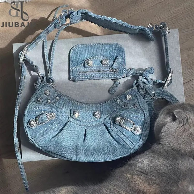 Rivet Studded Denim Shoulder Saddle Bag Cross Body Messenger Bag With Coin Purse Handbag Leather Zipper Women Bag