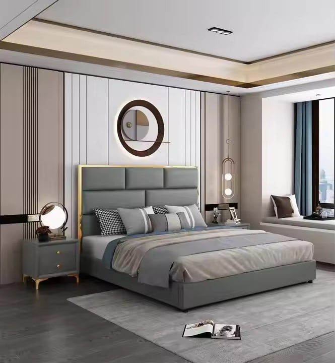 Italian Modern Luxury Bed Frame king Queen Size Leather Upholstered Bed Frame Headboard with Storage