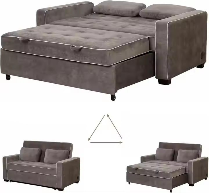 Modern Design Convertible 2 Seater Removable Pull-Out Sofa Bed with Two Throw Pillows for Living Room & Bedroom