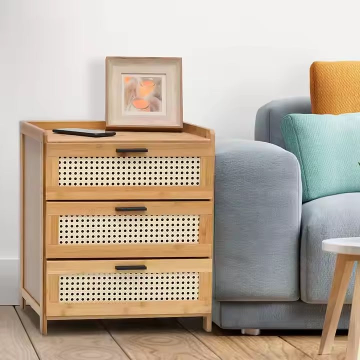 Nightstand with 3 Drawers Rattan Pattern Modern End Table - Bamboo Sofa Side Table Bedside Table for Small Space