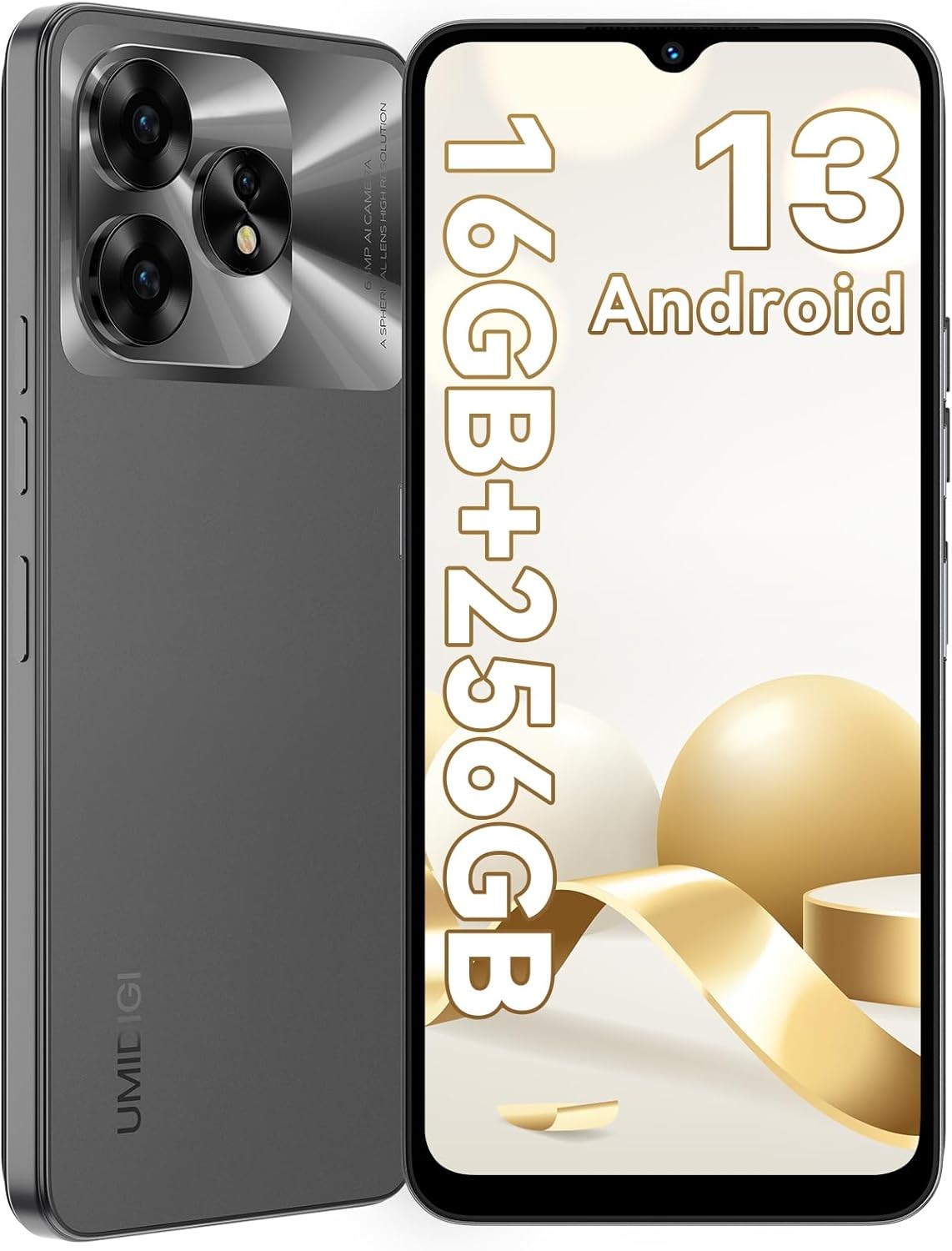 UMIDIGI 256GB NFC Mobile Phone,64MP+16MP,5000mAh Battery,16(8+8) GB RAM,A15 Android 13 SIM Free Unlocked Smartphone,6.7 inch HD+Screen,Type-C,4G Dual SIM/Face+Fingerprint Unlock/GPS/OTG-grey