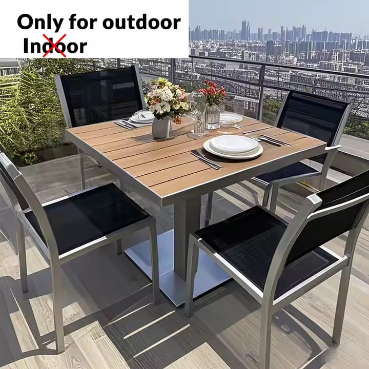 Coets Brushed Aluminum Teak Color Outdoor Dining Set Restaurant Table and Chair