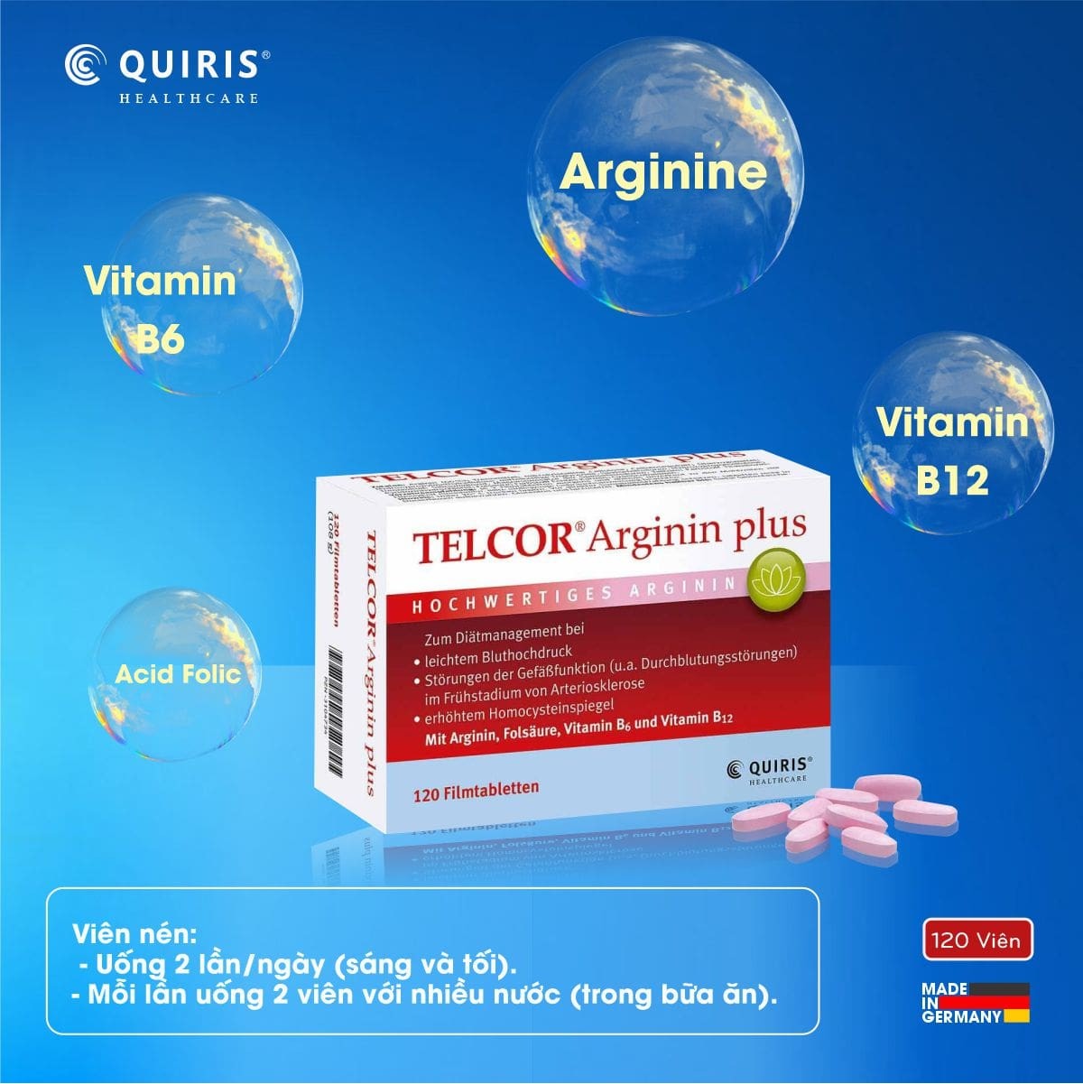 Quiris Telcor Arginin Plus 120 tablets, lowers blood pressure, enhances blood circulation