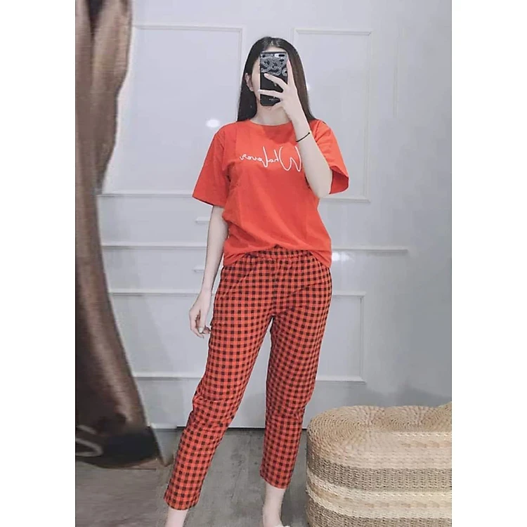 Women's clothes made of cotton, checkered pants, burnt shirt 1141
