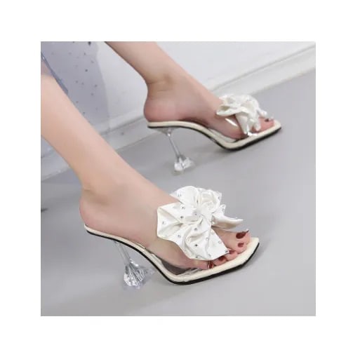 Little Diamond Slippers Women's Summer 2024 New Sweet Bow Half Drag High Heels Slim Heels