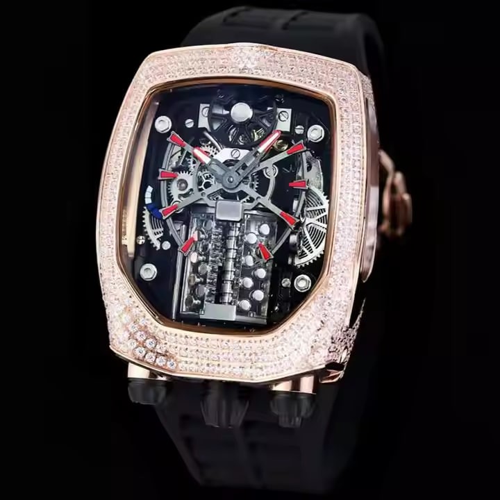 Luxury Automatic Mechanical Skeleton Wristwatch for Men High Quality 43mm Eta Fashionable Hip Hop Diamond Inlaid Iced Design