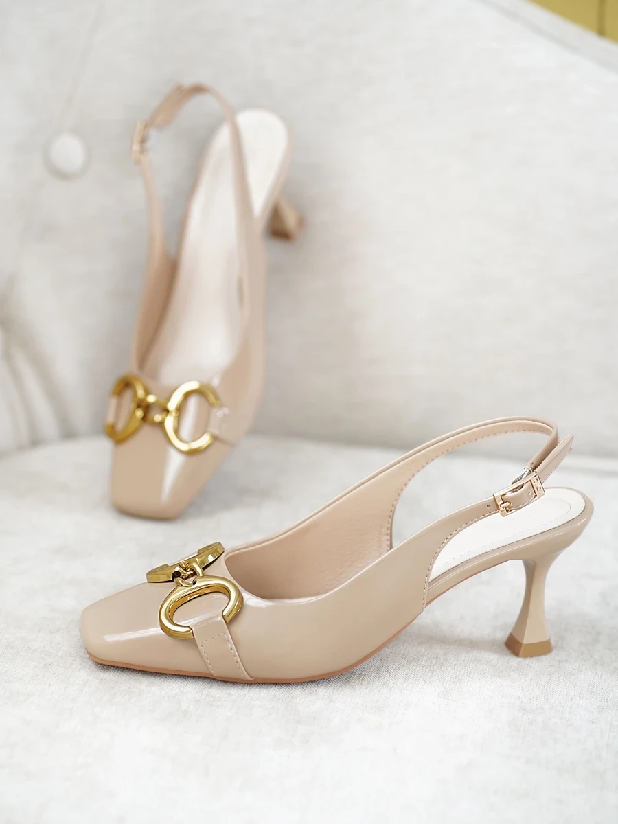 6.5cm High Luxury Metal Buckle Square Toe DILY Slingback Shoes DL0561