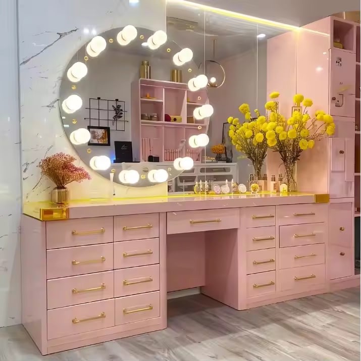Simple Design Beauty Store pink Dresser Makeup Desk Vanity Table with Lighted Mirror