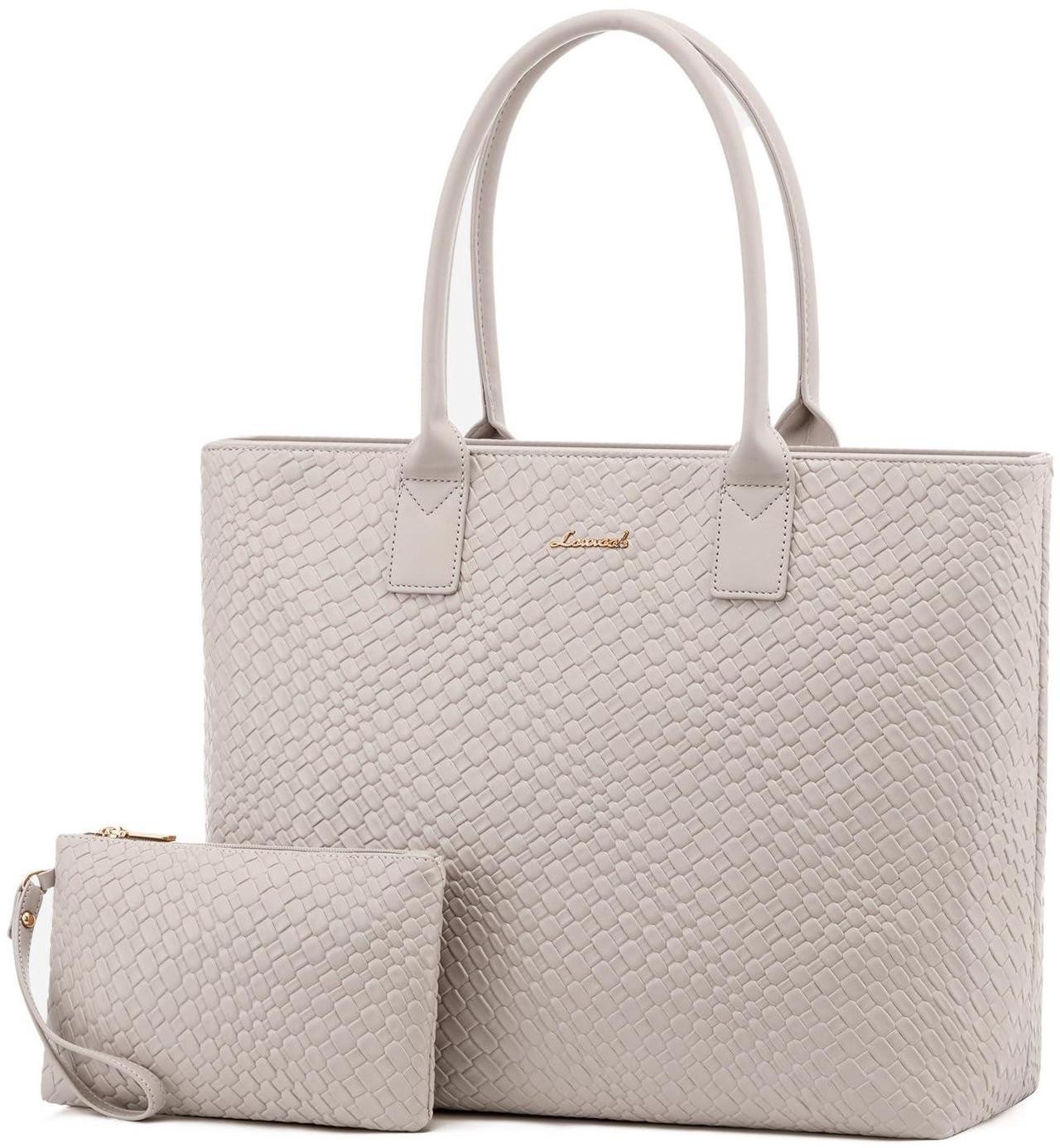 LOVEVOOK Laptop Purses and Handbags for Women, 15.6 Inch Computer Bag Work Tote Briefcase Satchel Handbags for Women with Small Clutch, Beige