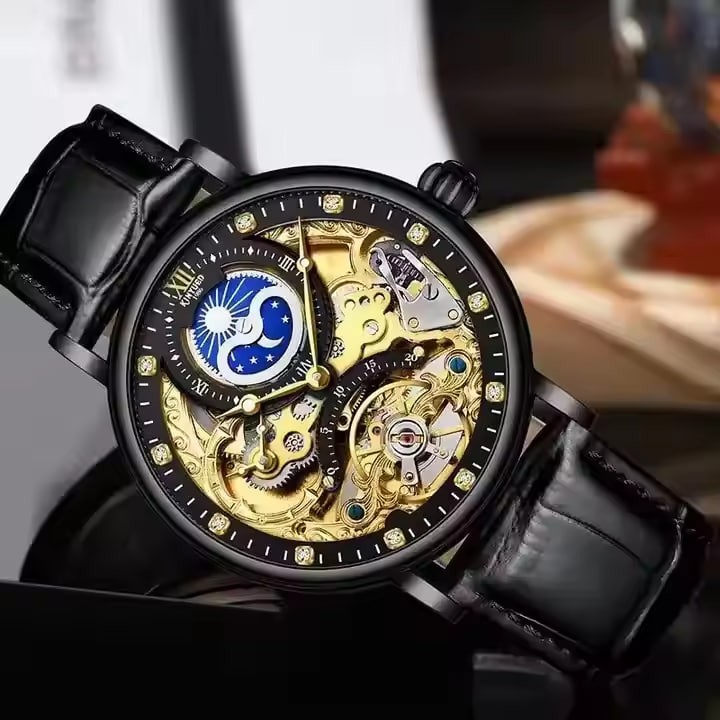 KINYUED J055 Luxury Leather Stainless Steel Glass Alloy Round Waterproof High Quality Men's Automatic Watch Mechanical Watch