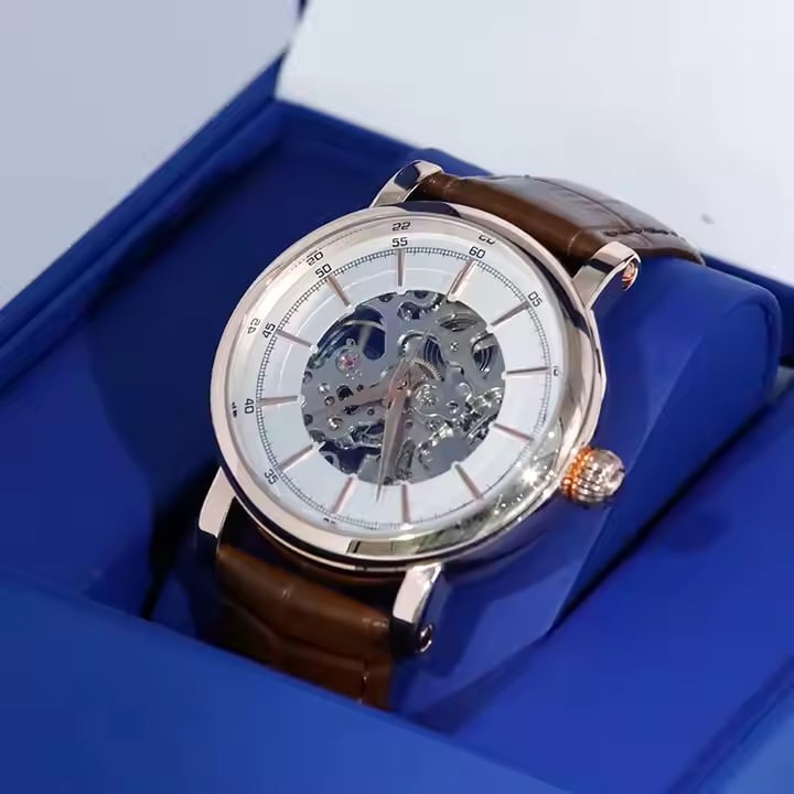 Low Price Skeleton Dial Men's Watch in Genuine Leather, Mechanical Automatic Winding, Waterproof with Movement Watch