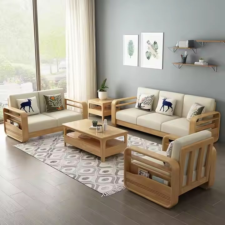 Nordic Solid Wood Sofa Combination Princess Corner Living Room Small Household Modern Simple Sofa Rubber Wood