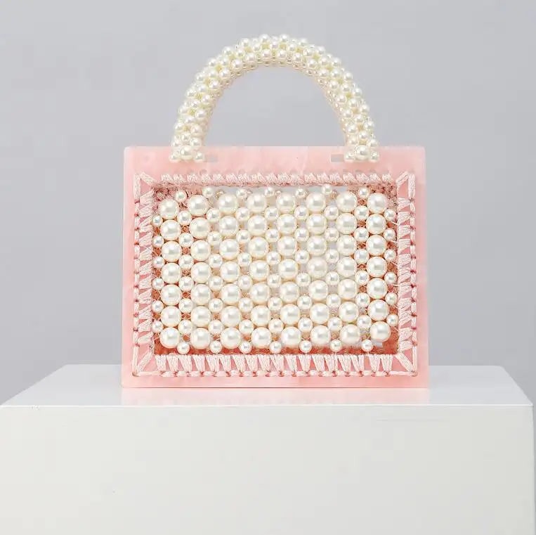 Luxury Designer Pearl Bag clear Transparent Acrylic Beaded Box Totes Bag Women Party Vintage Woven Handbag 2020 White pink