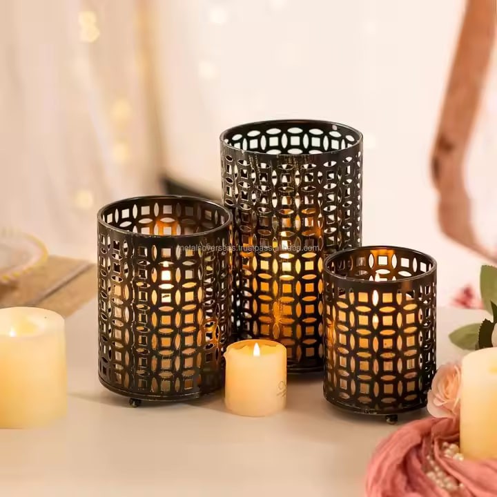 Metal Candle Votive Holder With Etching Design New Candle Stand for Home Decoration Metal Set of 3