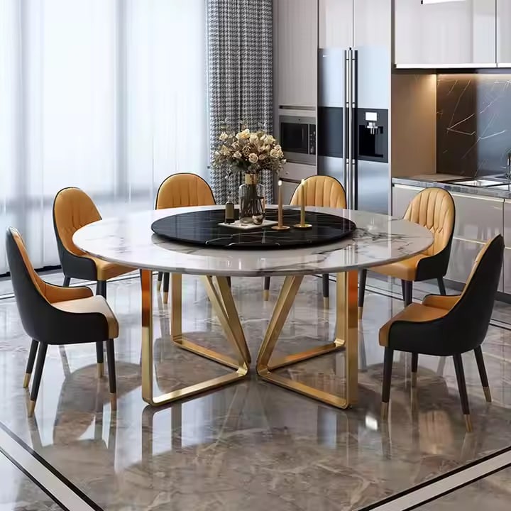 Modern Luxury 6-Seater Dining Table Set round Marble Top with Solid Wood Legs Elegant Dining Room Furniture including Chairs