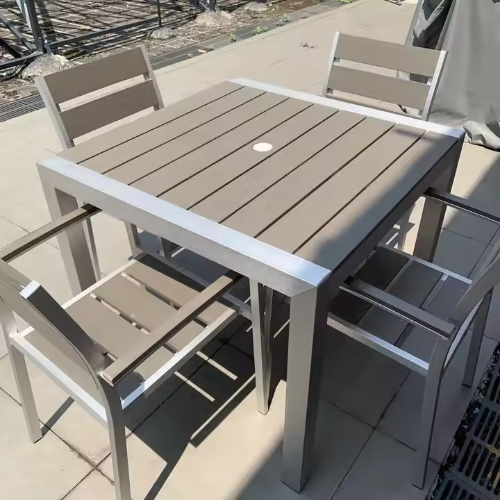 Coets Brand Outdoor Furniture Brushed Aluminum Frame Plastic Wood Restaurant Patio Outdoor Tables and Chairs Set