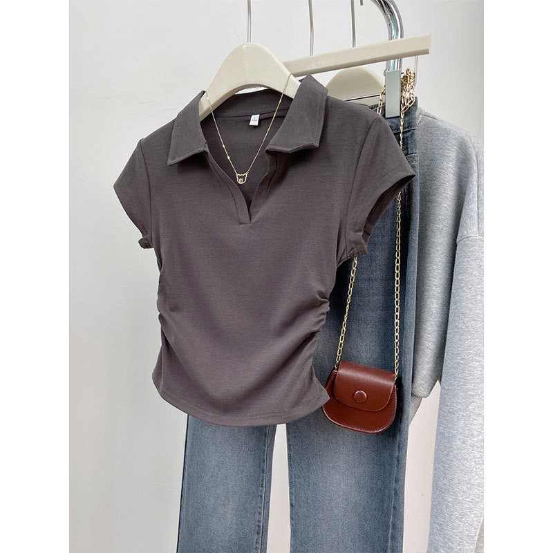 Summer Pure Cotton Slim-fit Slimming Shoulder T-shirt Women's Short-sleeved Design Sense Irregular Pleated Short Polo Shirt Top