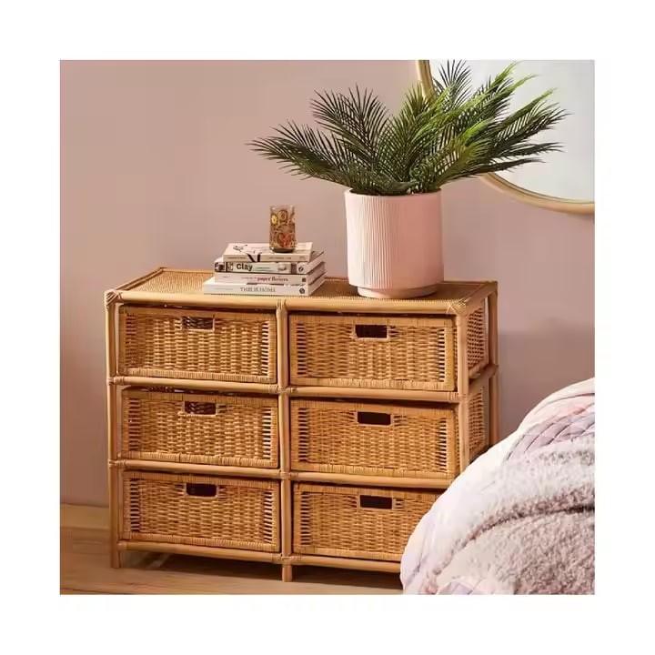 High Quality Rattan Drawer Wooden Storage Cabinet Metal Leg Modern Furniture Bedside Table Nightstand Rattan End Side Table