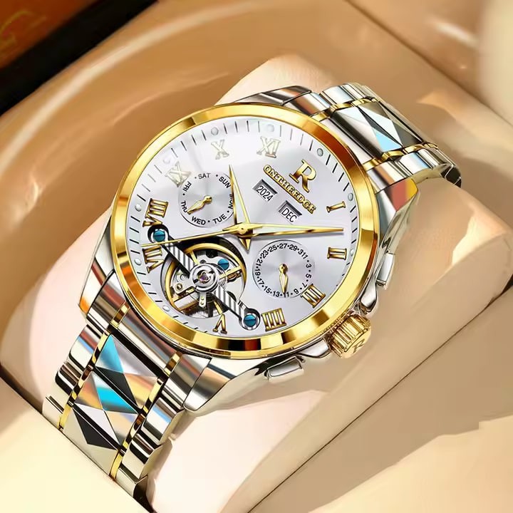 Multi Functional Dual Calendar Fully Automatic Mechanical Watch for Men Hollow Out Waterproof Night Light Business Watch