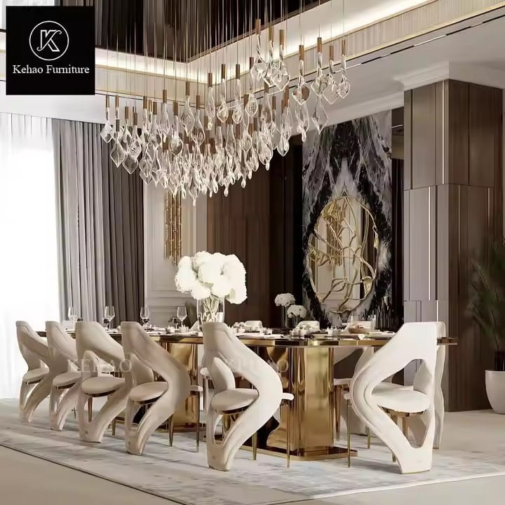 Exclusive Design Marble Top Dining Tables Metal Golden Dining Room Furniture Hand Made Dining Table Set 10 12 Seater Luxury
