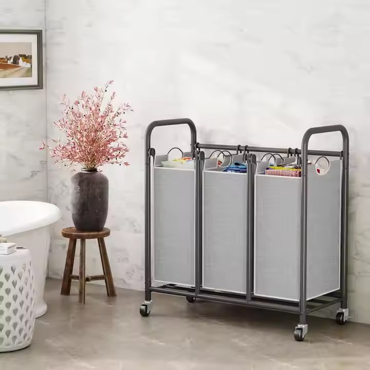 Three-Compartment Heavy-Duty Metal Laundry Sorter with Lockable Rolling Wheels Removable Bags Organizer Cart for Dirty Clothes