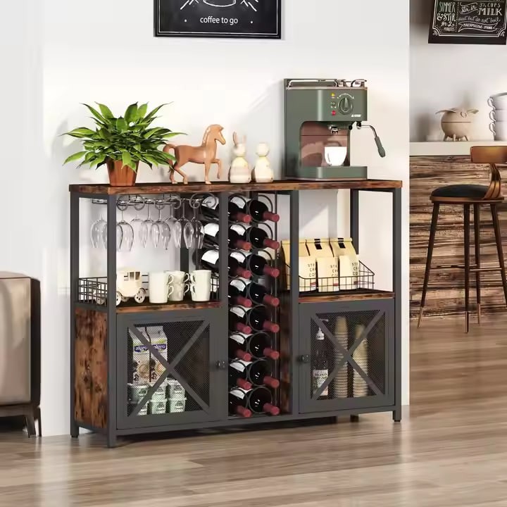 Modern Wooden Coffee Bar Cabinet Mini Liquor Cabinet with Rectangle Shape for Home Kitchen Dining Room for Liquor Glasses