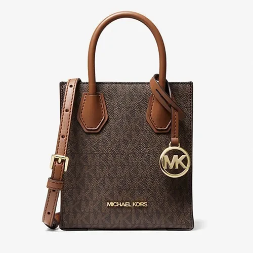 Michael Kors MK Mercer Extra-Small Logo and Leather Crossbody Bag Grey Brown