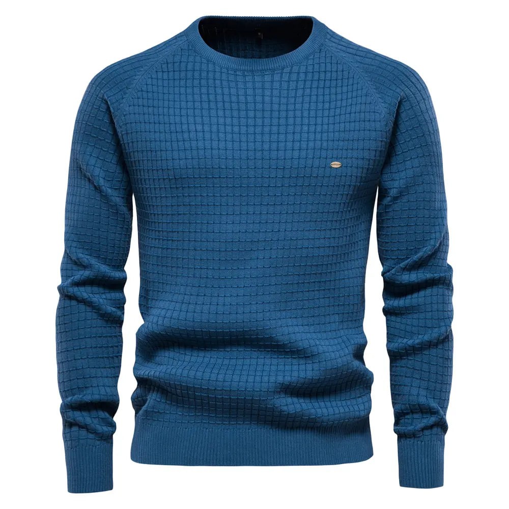Autumn Winter Men's Bottoming Plaid Pullover European Code Cross-Border Export 100% Cotton Pure Color Knitwear