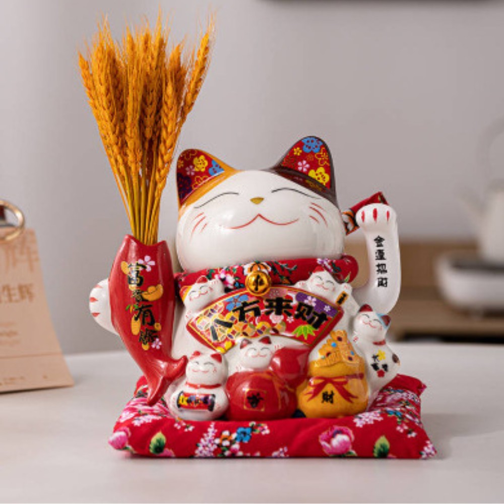 Beckoning Cat - Prosperous Business - 20cm high (holding rice flower/peach blossom)