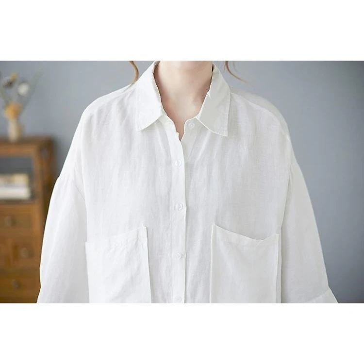 Women's white shirt made of high-quality LINEN material, wide form design comfortable to wear, dynamic summer women's fashion