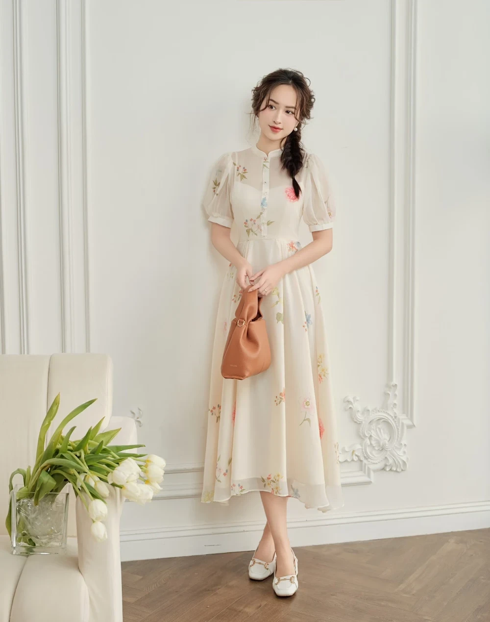 Vanessa Round Neck Silk Dress Flower Creamy Size